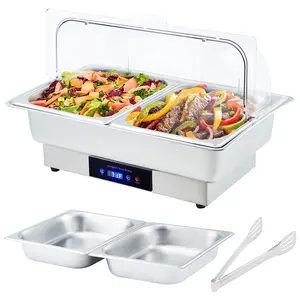 Electric 9 QT Chafing Dish Buffet Set, Stainless Steel 1/2 Half Pan/ Full Pan Food Warmer with Temperature Control & Transparent Roll Top Lid, Catering Server for Parties, Banquets & Buffets
