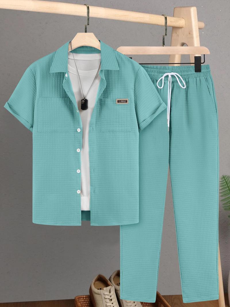 Men's Solid Button Front Shirt & Drawstring Waist Pants Set without Inner Top, Regular Fit Casual Short Sleeve Collared Top & Pocket Trousers, Men's Summer Clothes, Matching Clothing Set