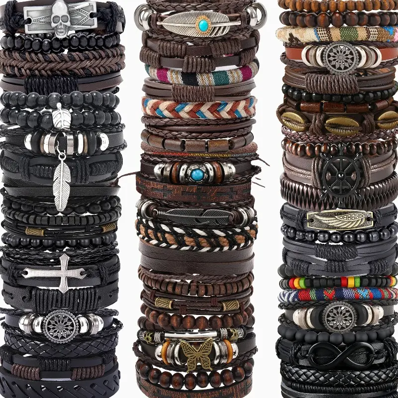 30Pcs Stylish Vintage Bead Bracelets for Men, Featuring Handmade Infinity Symbols And Leaf Designs, Perfect As Gifts for Christmas, Halloween, Or New Year