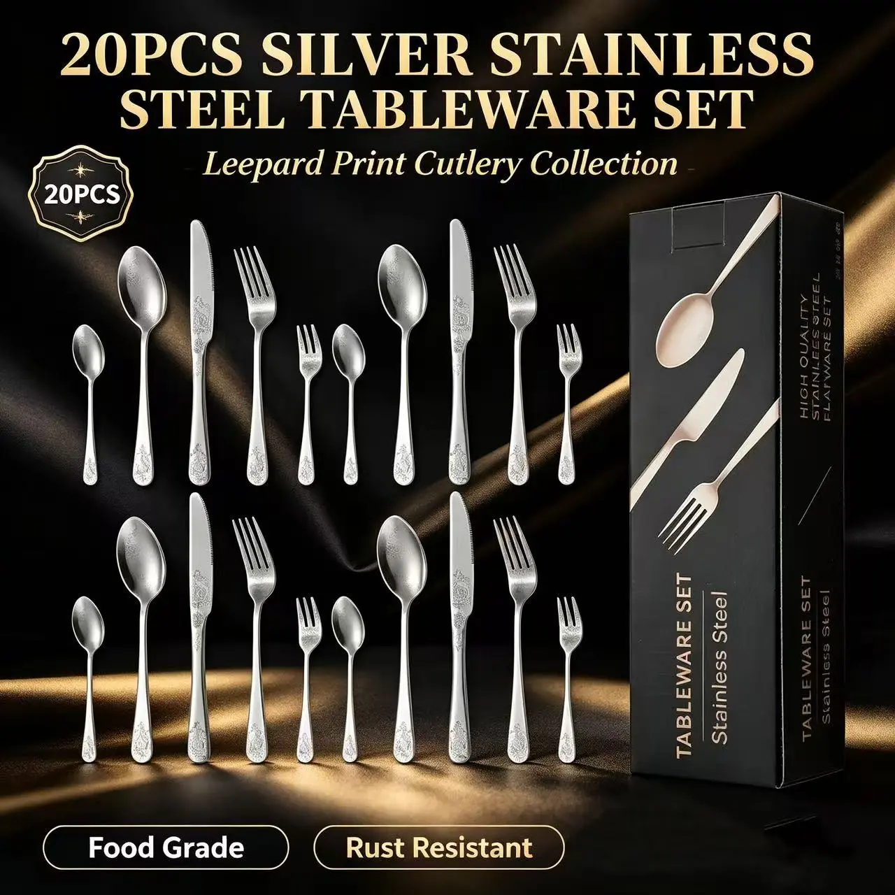 Vintage Carved Stainless Steel Cutlery Set 20/30 Pieces, Luxury Home Western Dining Knife Fork Spoon Gift Box, Elegant Tableware Collection