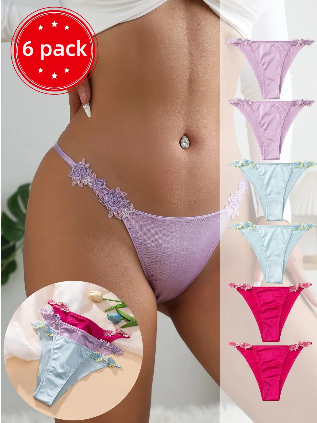 Women's Low Waist Design Bikini Bottom Set Underwear, Embroidered Flower Luxury Triangle Panties, Fashion Satin Breathable Daily Underwear, 6 Pcs Set