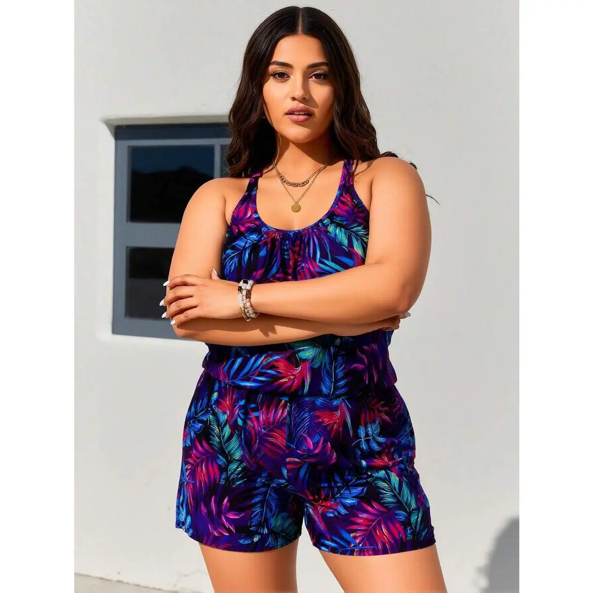 Women's Multicolor Tropical Print Sleeveless Short-Length Romper - Scoop Neck, Pockets, Elastic Stretch Fabric, Boho Beach Swimwear with High Stretch Bra for Summer Vacation, Rompers for Women