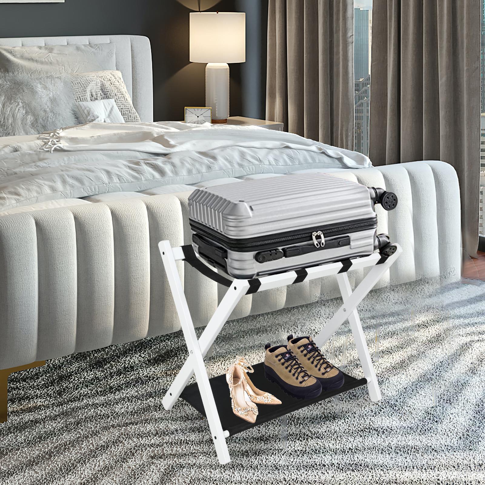 Babion Folding Luggage Rack for Guest Room 2 Pack, luggage Racks for Suitcase Stand with Nylon Straps, Luggage Stand Double Tiers Bamboo Luggage Holder for Bedroom,Hotel, No Assembly On-Site