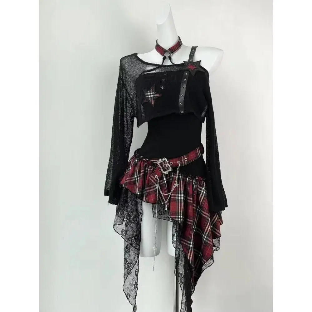 2000s Aesthetic Elegant 2 Piece Sets Women Y2k Gothic Irregular Design Blouse + Plaid Chic Dress Female Korea Style Chic Outfits