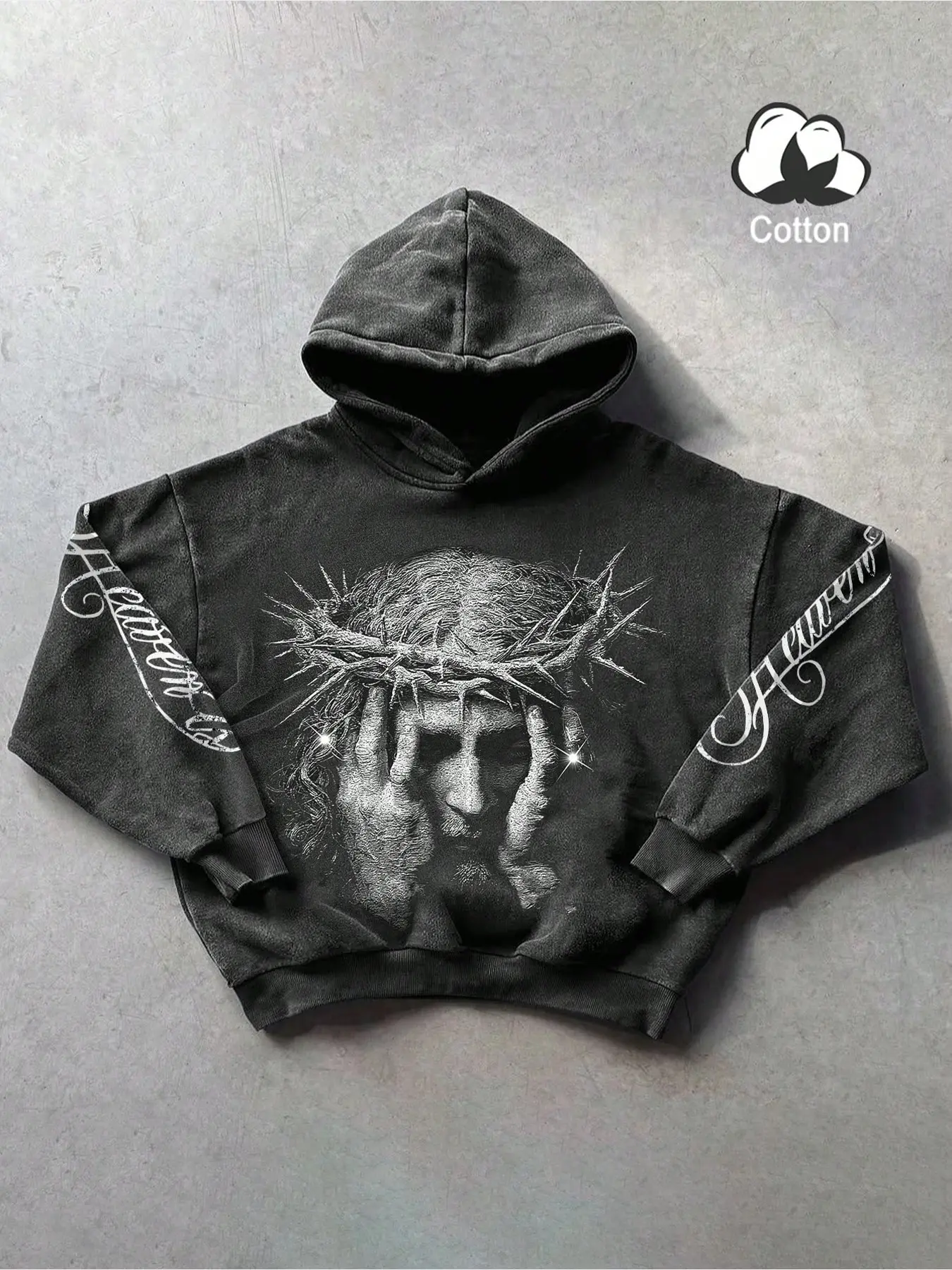 Vintage Jesus Crown Sketch Print Hoodie Sweatshirts, Soft Washed Fabric, Gothic Dark Retro Style, Unisex, Spring Fall, Urban Commute, Casual Layering