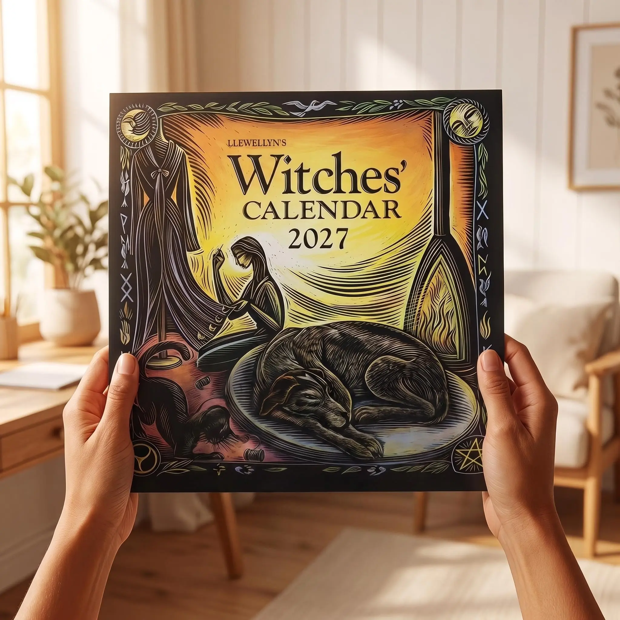 2027 Magic Art Tear Off Calendar, Llewellyn Witch Calendar, Vintage Hand-Drawn Cat and Moon, Mystical Decor for Living Room, Unique Gift Idea