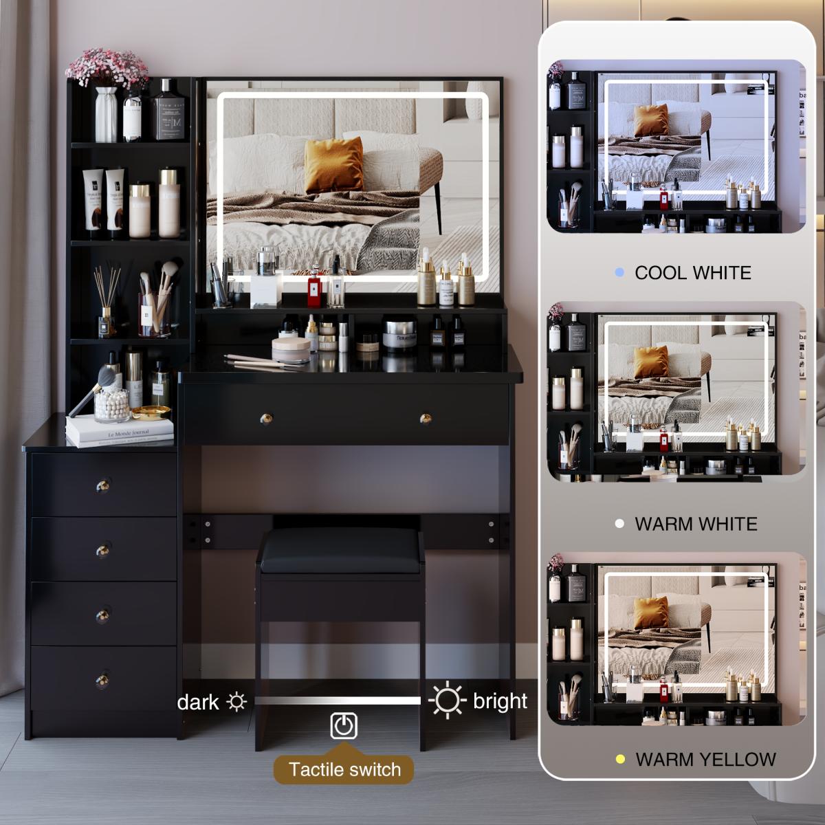 41" Large Sized Bedside Cabinet Vanity Table + Cushioned Stool, Extra Large Touch Control LED Mirror, 3-color Switch, Multi Layer High Capacity Storage Fashionable Dresser, EPA, GCC, UL Certificate