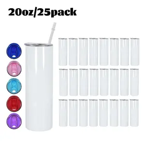 25 Pack Sublimation Skinny Tumblers Blank with Colorful PP Lids 20 OZ Stainless Steel Double Wall Insulated Tumbler with Straw US Warehouse