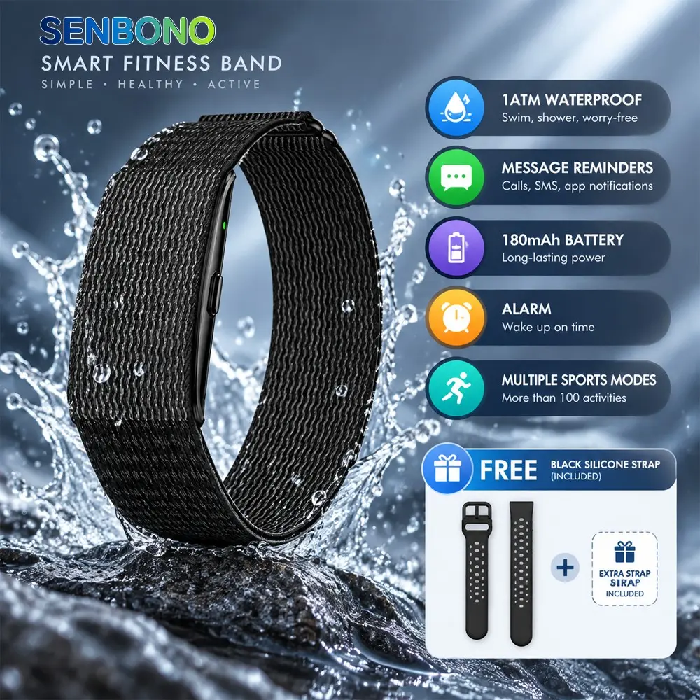 SENBONO Smart Bracelet No Screen Fitness Tracker 176 Sports Modes Message Reminder Alarm Clock Remote Camera Control 1ATM Waterproof Magnetic Charging Wristband For Men Women