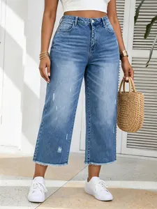 New Plus Size Women's Solid Color Washed Jeans, Loose-Fit Baggy Raw Hem Straight-Leg Elastic Pants for Spring & Summer, Blue Color
