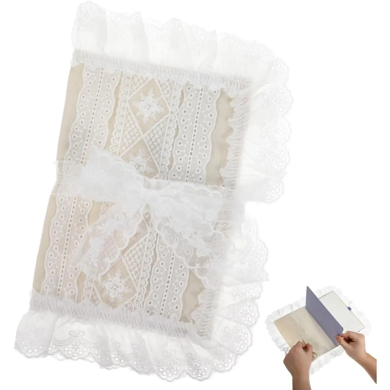 Fabric Book Cover with Lace Trim and Bow, A5 Vintage Cloth Book Sleeve Protector for Paperbacks, Notebooks, Bible and Planners, Aesthetic Reusable Wrap for Reading Lovers, Beige