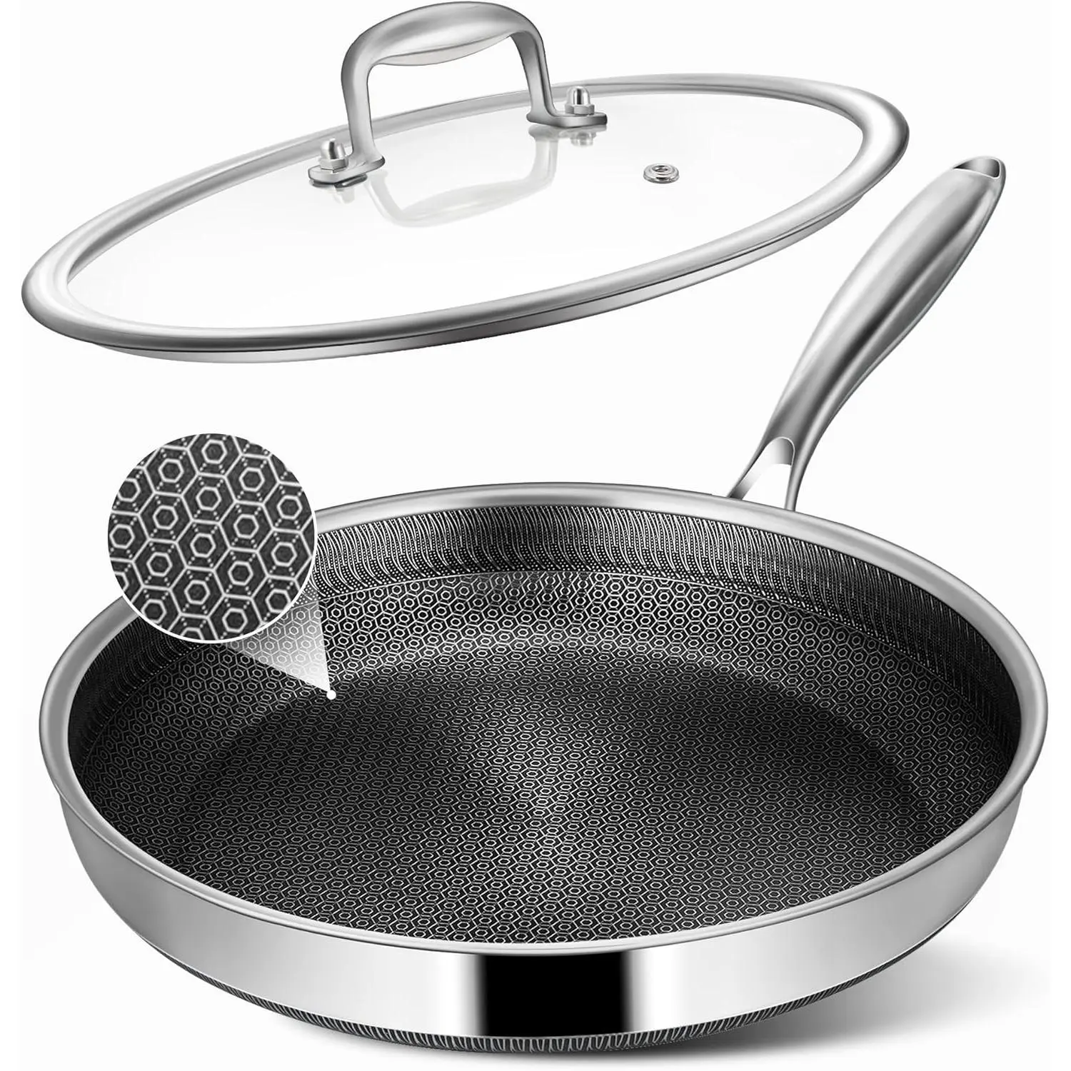 Non Stick Frying Pans, 12-inch with Lid, Hybrid Frying Pans Nonstick Stainless Steel Skillets, Dishwasher & Oven-Safe, Stay-Cool Handle, PFOA Free Cookware, Compatible with All Cooktops