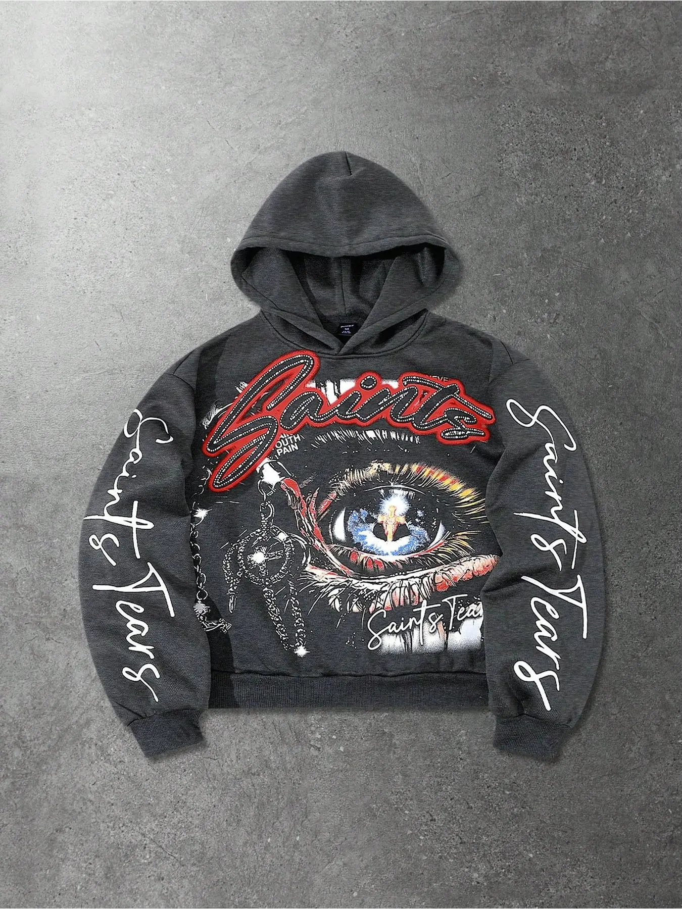 Men's Retro Short Gothic Hoodie, Long-Sleeved Hoodie with Letter and Eye Print, Suitable for Everyday Hip-Hop Street Style.