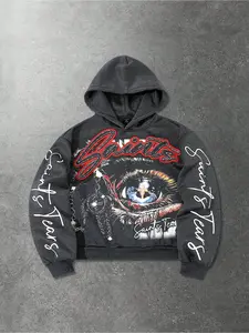 Men's Retro Short Gothic Hoodie, Long-Sleeved Hoodie with Letter and Eye Print, Suitable for Everyday Hip-Hop Street Style.