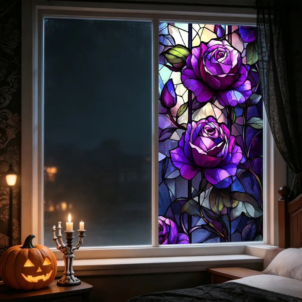 1pc, Gothic Style, Purple Rose Stained Glass Art, Halloween Window Privacy Film, Sunscreen Static Cling Window Sticker, Removable Glass Window Decals, Elegant Purple Roses And Green Leaves Pattern for Bedroom, Living Room & Bathroom, Heat Insulation