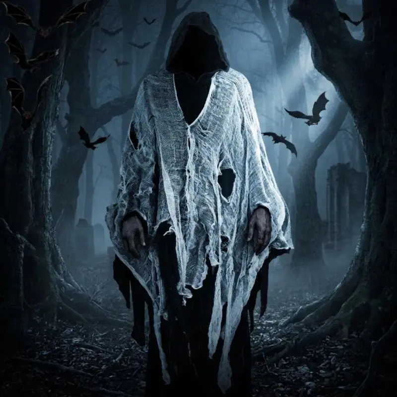 Tattered Ghost Hooded Cloak Halloween Horror Cosplay Robe Grim Reaper Zombie Costume Cape for Adults Kids Party Dress Up