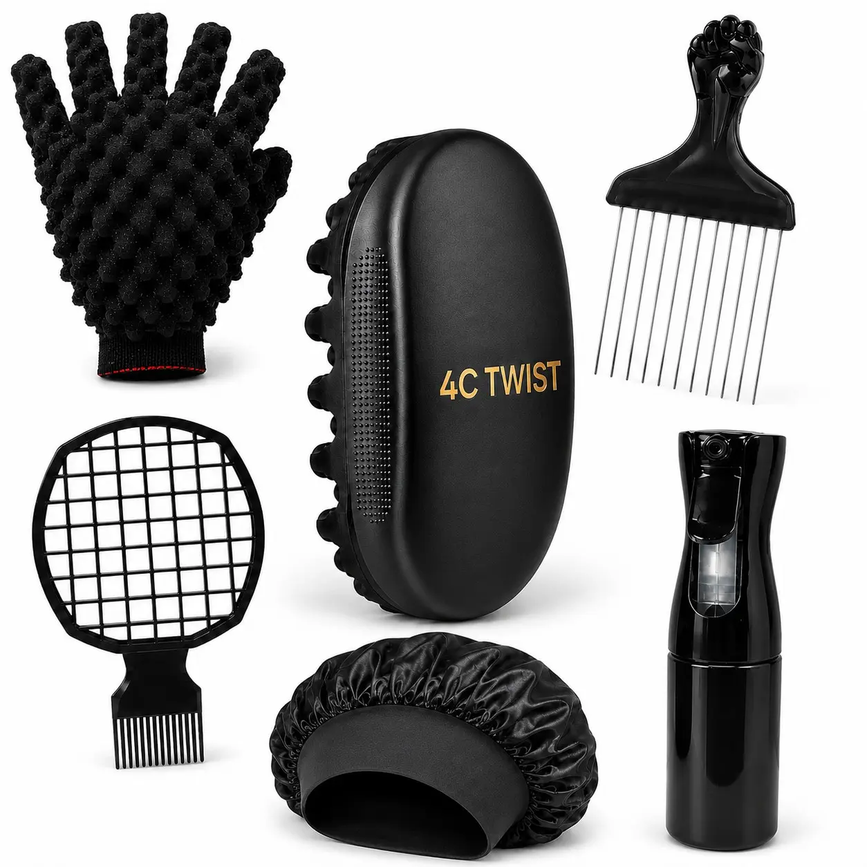 4C TWIST 6-Piece Natural Hair Styling Kit for Men with Twist Brush, Foam Glove, Mesh Styling Comb, Afro Pick, Fine Mist Spray Bottle & Satin Bonnet for 4C Hair, Coils, Curls, Twists, Locs & Afro Styles
