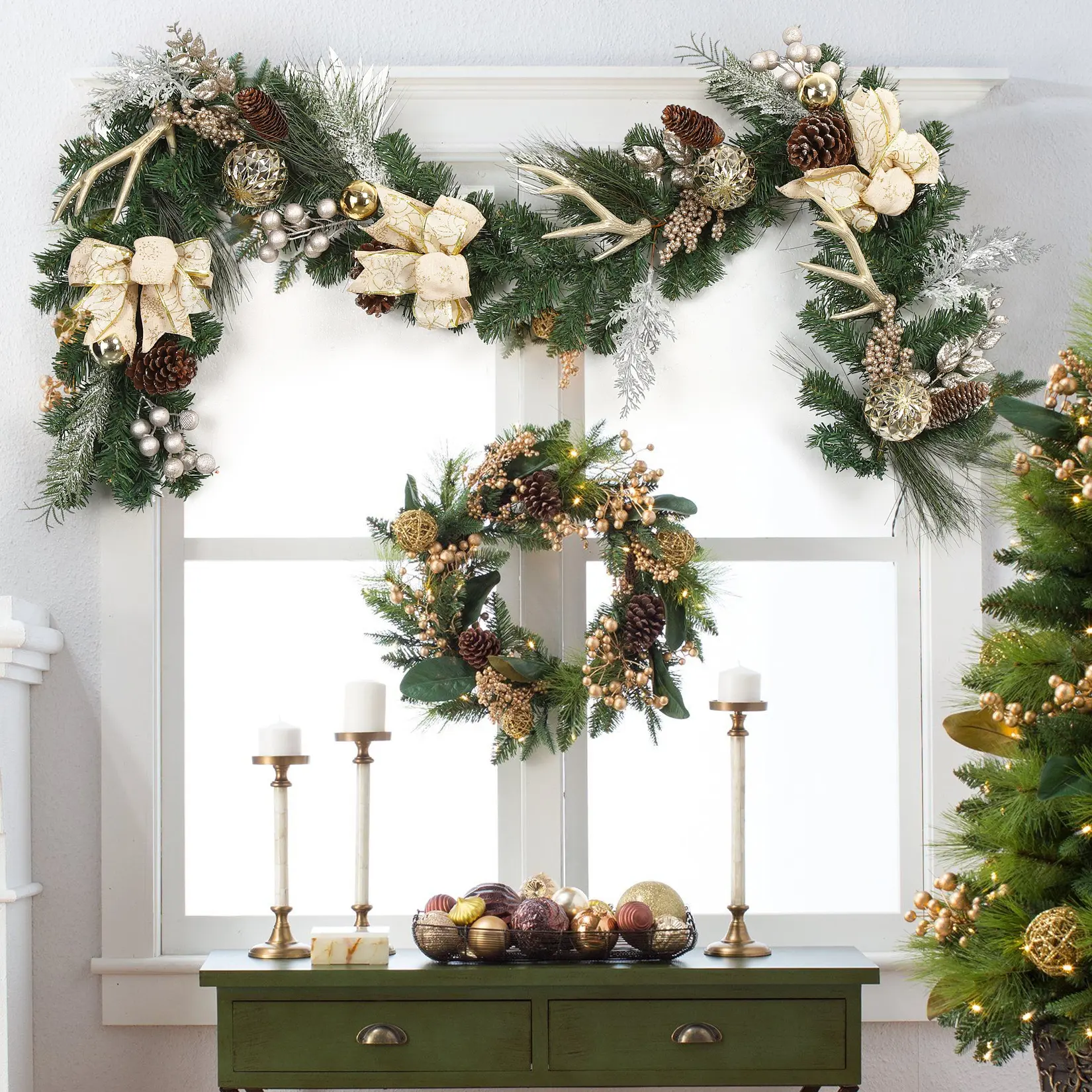 6FT Pre-Lit Christmas Garland with 20 LED Lights, Gold Ball Ornaments, Pine Cones, Berries, Ribbons & Artificial Antlers, Battery Operated Holiday Garland for Door, Mantel, Staircase & Fireplace