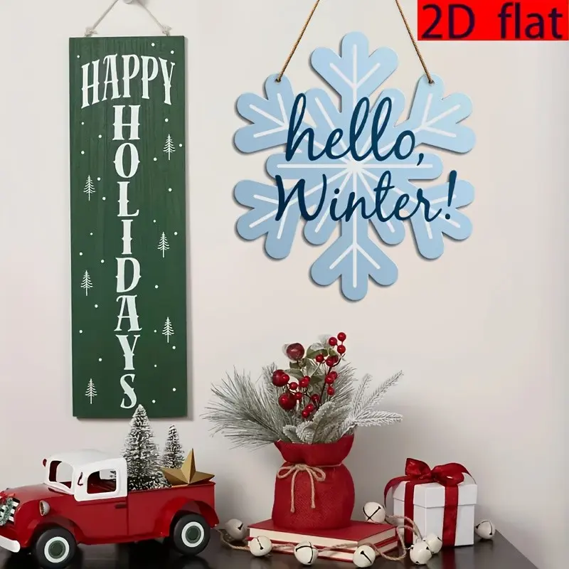 Christmas Wooden Hanging Decoration, Light Blue Winter Door Wall Ornament, Festive Snowflake Sign for Front Door, Porch, Indoor Outdoor Decor