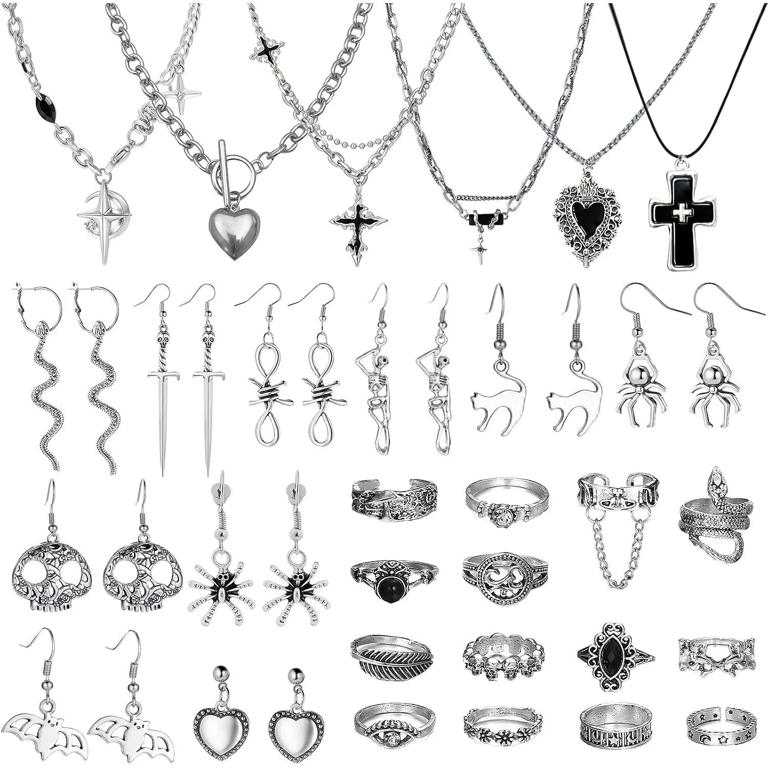 30 count Gothic  Set for Women, Grunge  Punk Accessories with 6 Necklace 20 Earrings 14 Stackable Knuckle Rings, Boho Y2k Goth  for Women Men Halloween