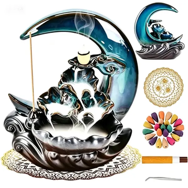 Handmade Blue Moon Ceramic Backflow Fountain Cool Incense Burner Set - 100 Cone Sticks, Aroma Room Home Decor Diffuser, Reusable Holder for Relaxation, Stress Relief Smoke Effects Accent