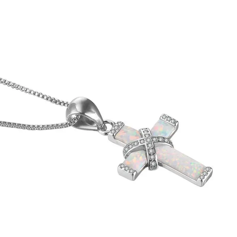 Women's Elegant Cross Pendant Necklace with White Opal and Rhinestones, Stylish Jewelry for Daily Wear or Holiday Gift