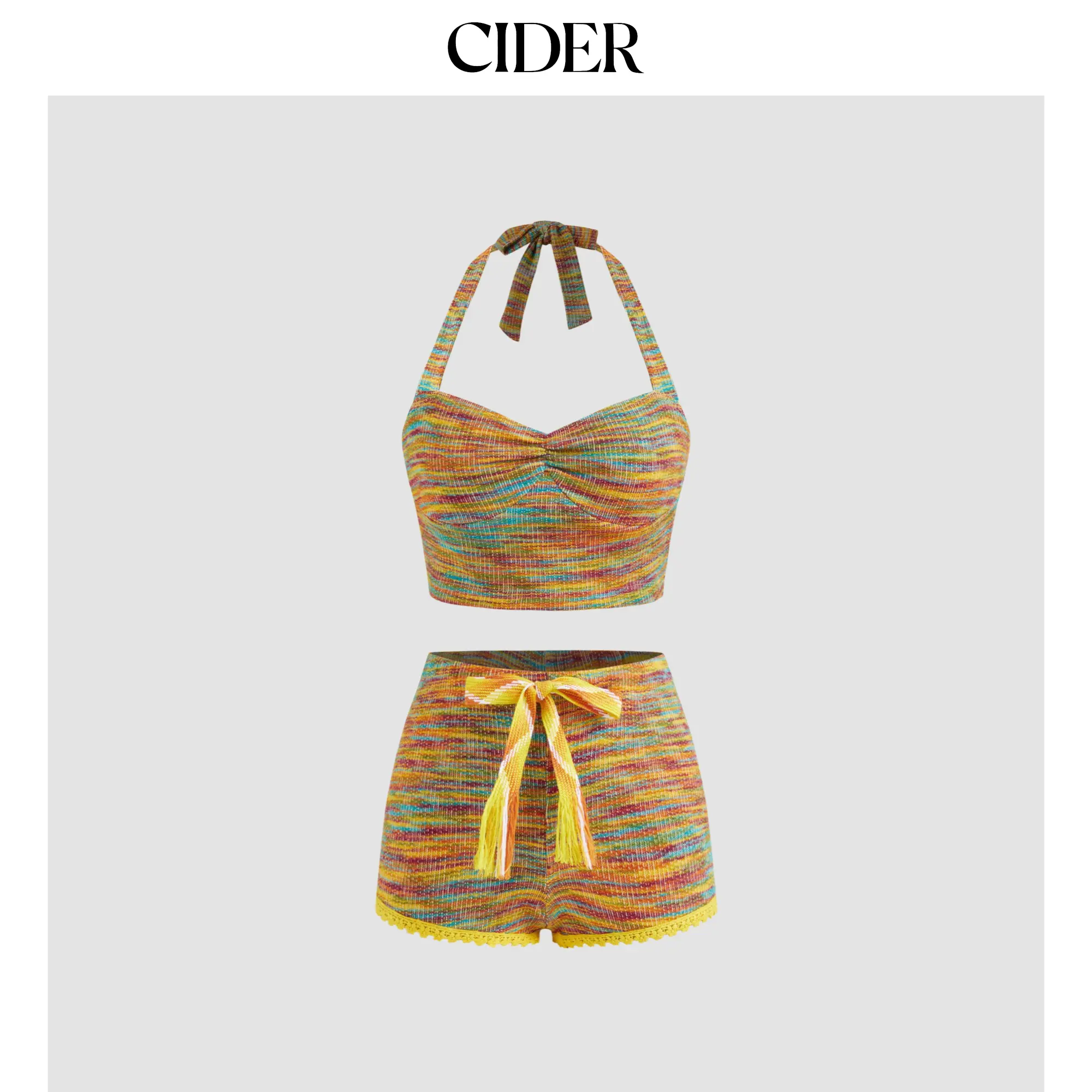 Cider [size 2-10] Halter Rainbow Striped Crop Top & Low Rise Knotted Shorts