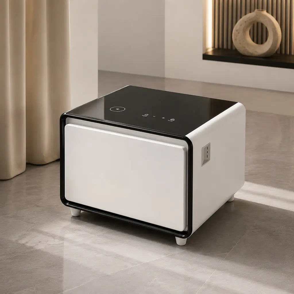 Luxury Modern Tech-Integrated Smart Side Table with Built-In Fridge, Wireless Charging, USB Ports, Power Outlets, Induction Light, ABS, Black/White, Freestanding, 27.76x26.26x18.11in, for Living Room