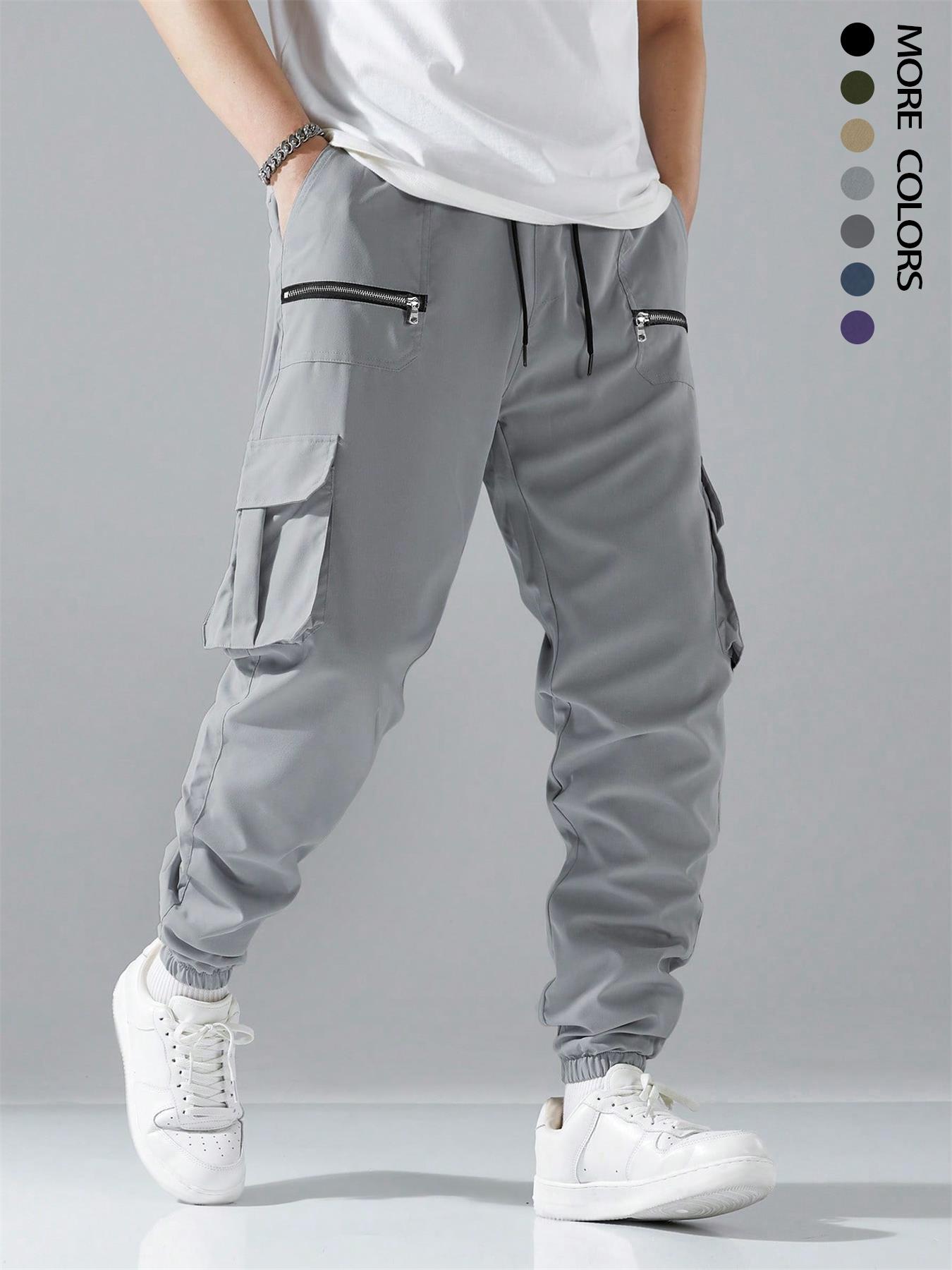 Men's Loose Solid Pocket Drawstring Waist Cargo Pants, Street Fashion Zipper Jogger Pants For Daily Wear, Casual Men's Trousers For All Seasons