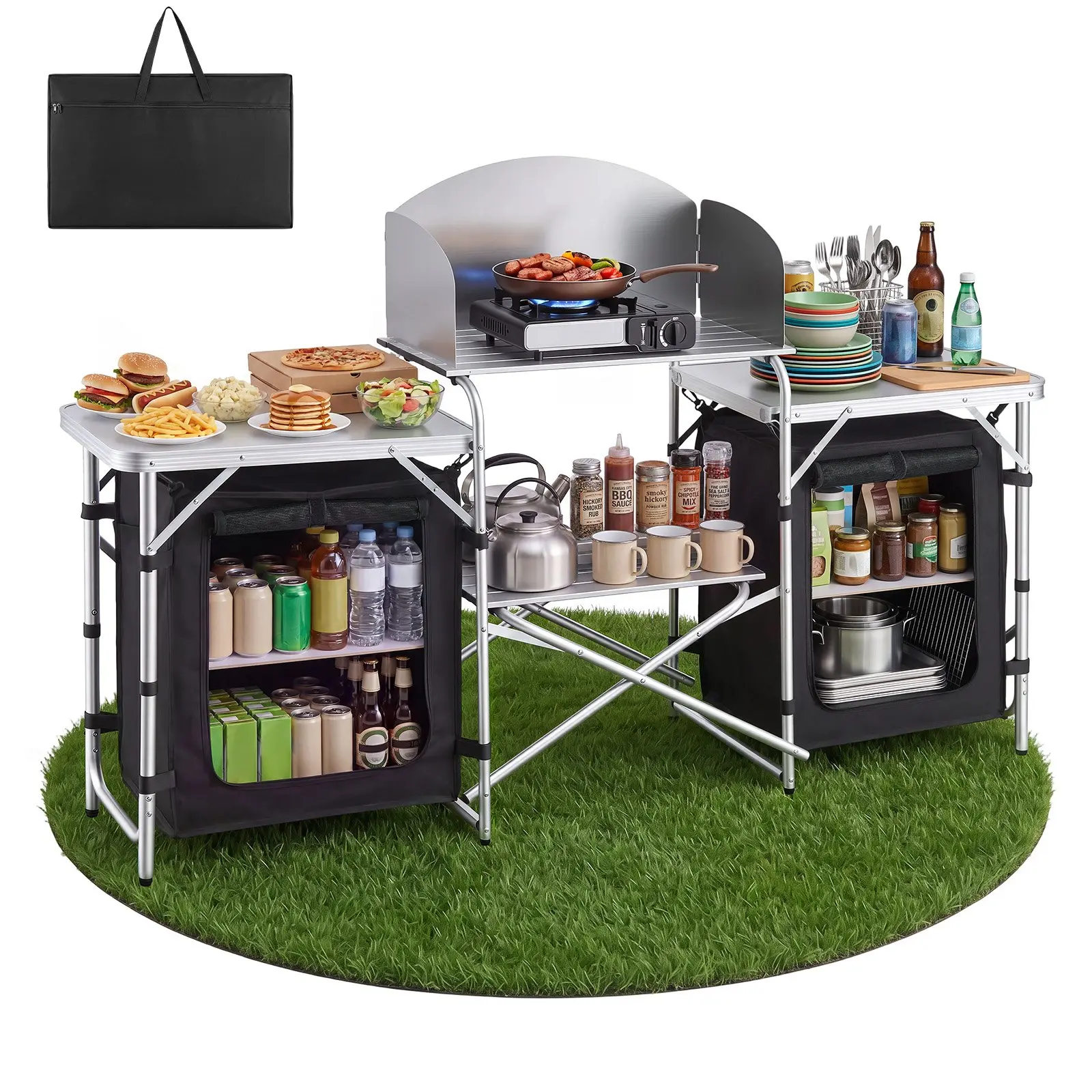 VEVOR Folding Camping Table, Outdoor Portable Aluminum Lightweight Table, Quick Set-up Kitchen Cook Station, with Storage Organizer, Detachable Windscreen, Carrying Bag, Ideal for Picnic BBQ Travelin