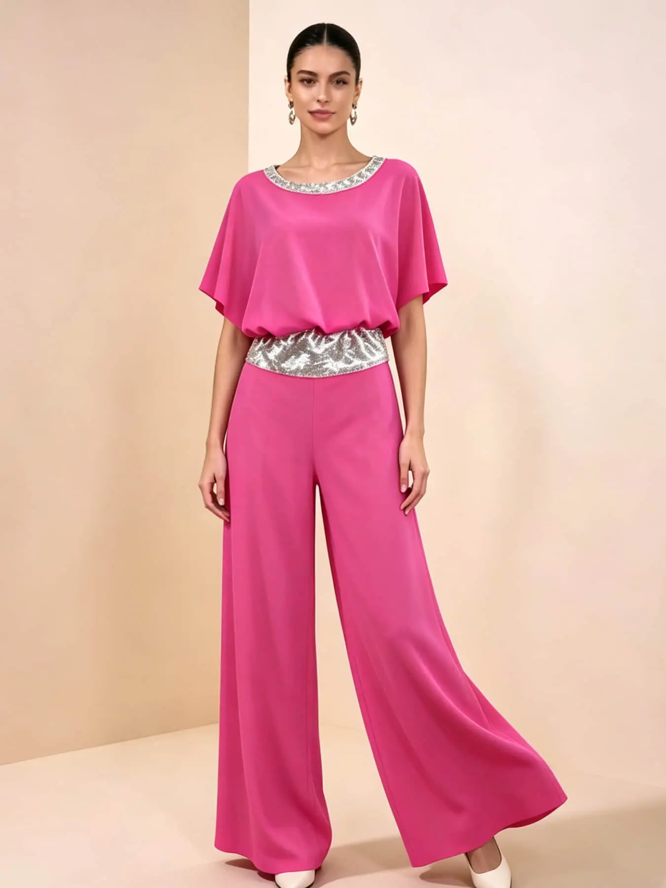 Two-Piece Women's Fashion Light Luxury Sequin Belted Set: Round Neck Silver Sequin Waistband Loose Hiding Body Long Wide Leg Pants Set, Suitable for Summer, Perfect for Evening Parties, Office Commutes, Vacation Trips, and Wedding Guests