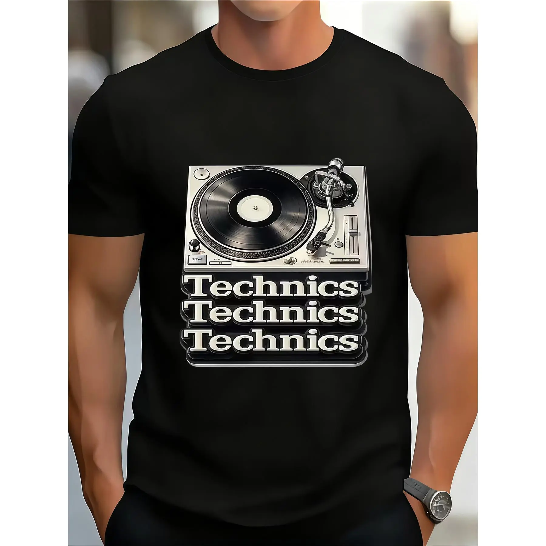 [Vintage DJ T-Shirt] Men's Vintage DJ Turntable T-Shirt - Retro Music Graphic Tee with Vinyl Record Design, 100% Polyester, Soft Breathable Crew Neck Short Sleeve Shirt for Summer, Casual Wear & DJing, Machine Washable Retro Style for Parties & Everyday