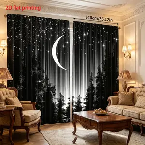 2-piece set of Starry Night Forest and Moon Printed Curtains, made of semi transparent polyester fabric with easy to hang pole mouth design, ideal for home decoration, modern style, Easy Install Curtain, Window Curtain