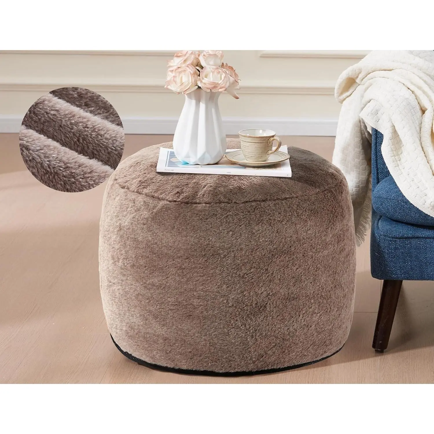 Round Pouf Ottoman for Living Room, 20"x15" Bean Bag Ottoman Soft Top Comfortable Small Foot Stool Foot Rest Pouf Brown, Tall Footstool Round Hassock Boho Furniture Floor Poufs for Sitting