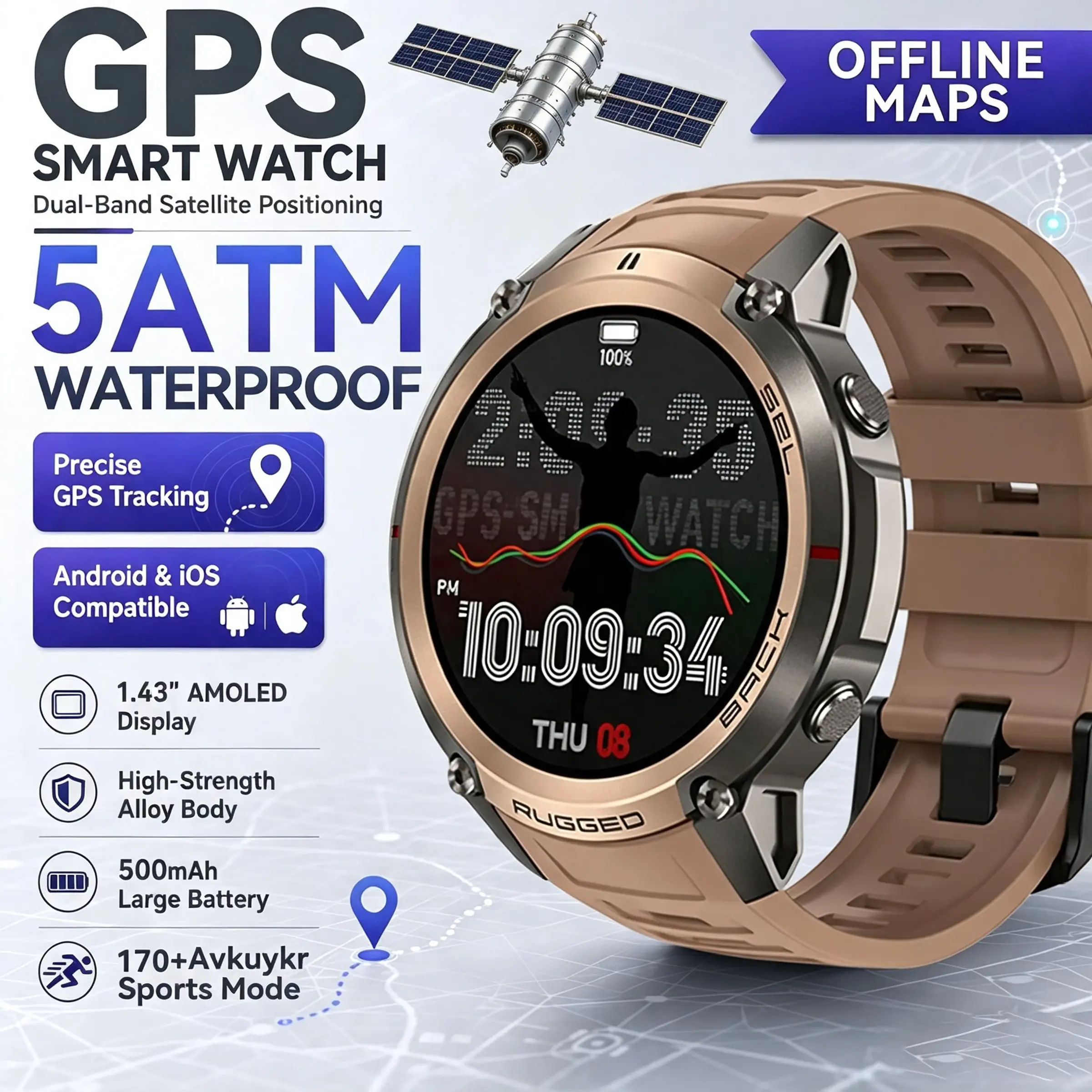 AMOLED Smart Watch for Men with Global 6-Satellite GPS Outdoor Sports Offline Map Altimeter Compass Bluetooth Call Functions