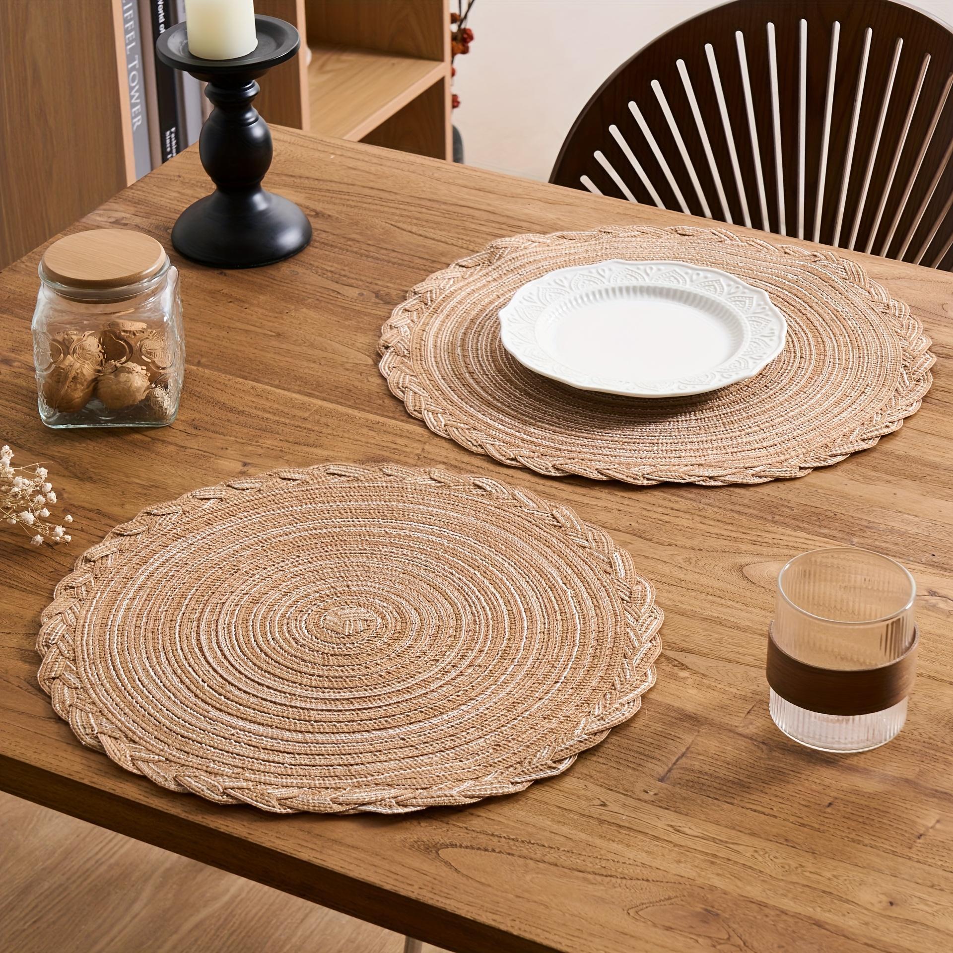 4/6/12pcs Round Woven Placemats with Lace Trim, 29.97 cm - Solid Color Options, Retro Style Kitchen Table Decor Mats for Bowls & Cups, Non-Slip Pads Suitable for Holiday Gatherings, Birthday Parties, Wedding Dinners, and Home Décor