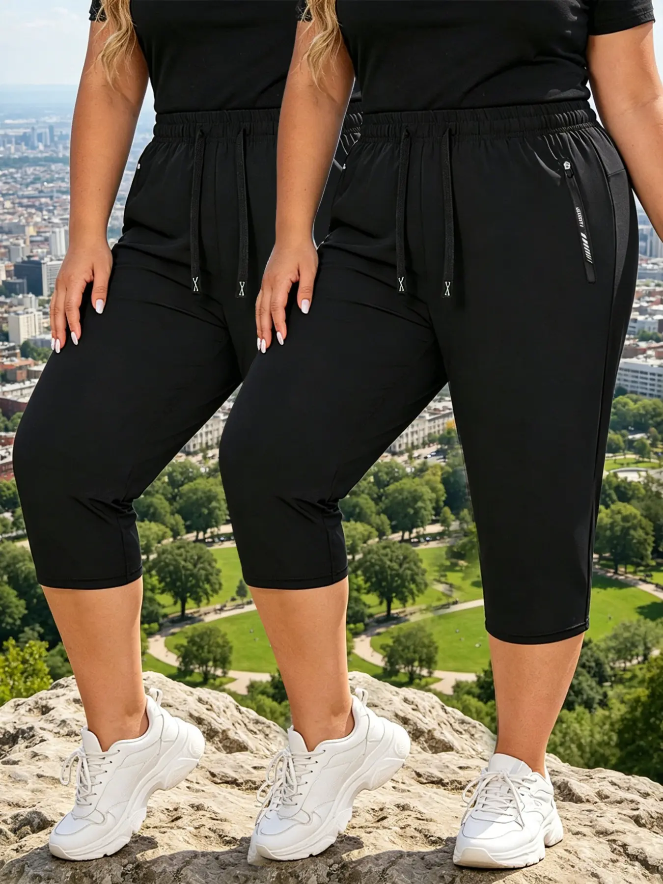 Women's Plus Size Elastic Waist Drawstring Capri Pants, Comfortable Sporty Cropped Shorts, Ideal for Gym and Casual Outing, Athleisure Casual Bottoms
