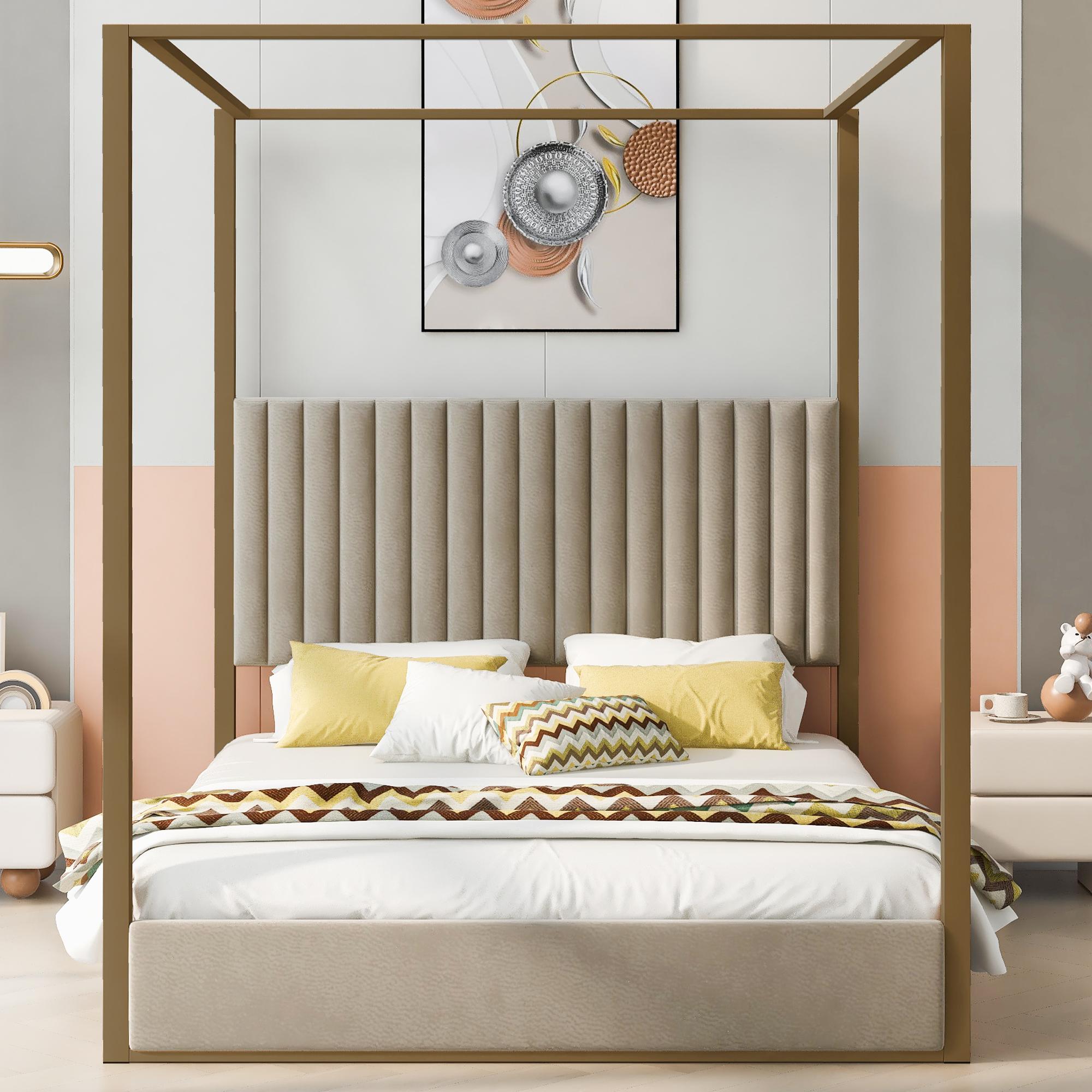 Bellemave Queen /King Size Upholstered Canopy Platform Bed with Headboard & Metal Frame Modern Cama Beige Wood Linen Finish