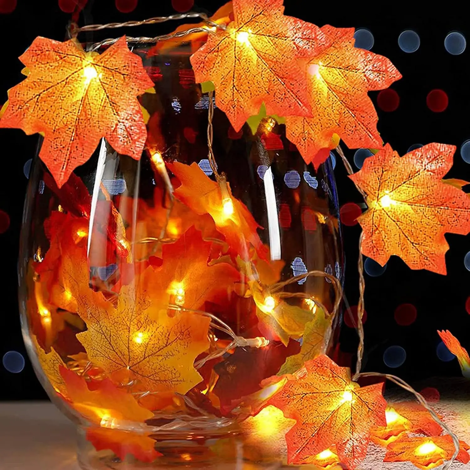Fall Garland with Lights, Thanksgiving String Lights Fall Leaves Garland 2-Pack,  20 Ft & 40 LED  Operated Maple Leaves Lights for Christmas, Mother's Day, Autumn Decorations
