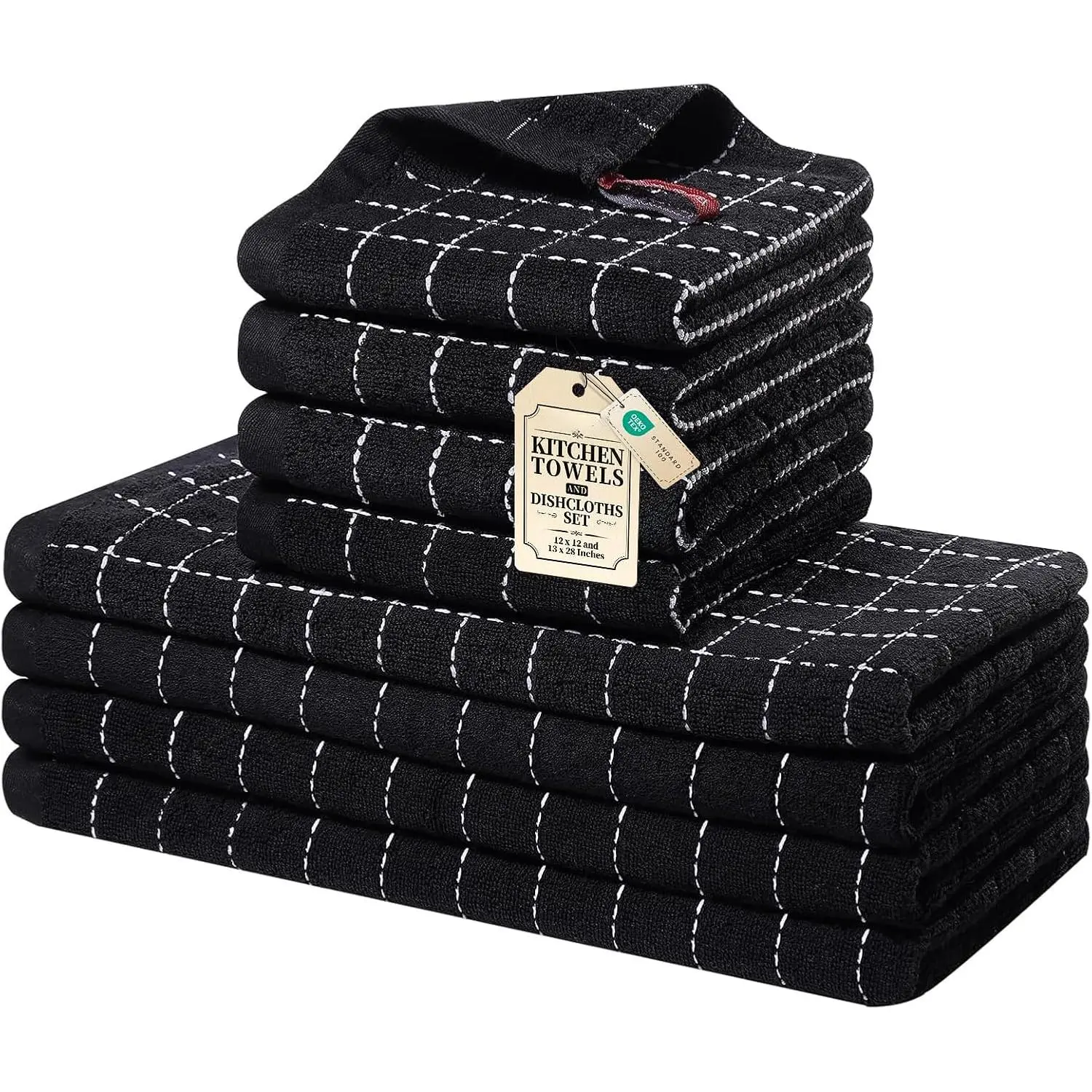 Towels and Dishcloths Set, 12 x 12 and 13 x 28 Inches, Set of 8 Bulk Cotton Terry Kitchen Towels Set, Checkered Designed, Soft and Super Absorbent Dish Towels, Black