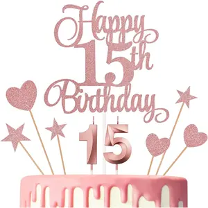 15th Birthday Cake Decorations, 15th Birthday Candles Cake Numeral Candles and Glitter Happy 15th Birthday Cake Toppers Set for Birthday Party Supplies (Rose Gold)