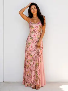 Women's Vacation Style V-Neck Floral Print Mesh Patchwork A-Line Fairy-style Dress, Elegant Slimming Straps Maxi Sundress.Summer Fashion New