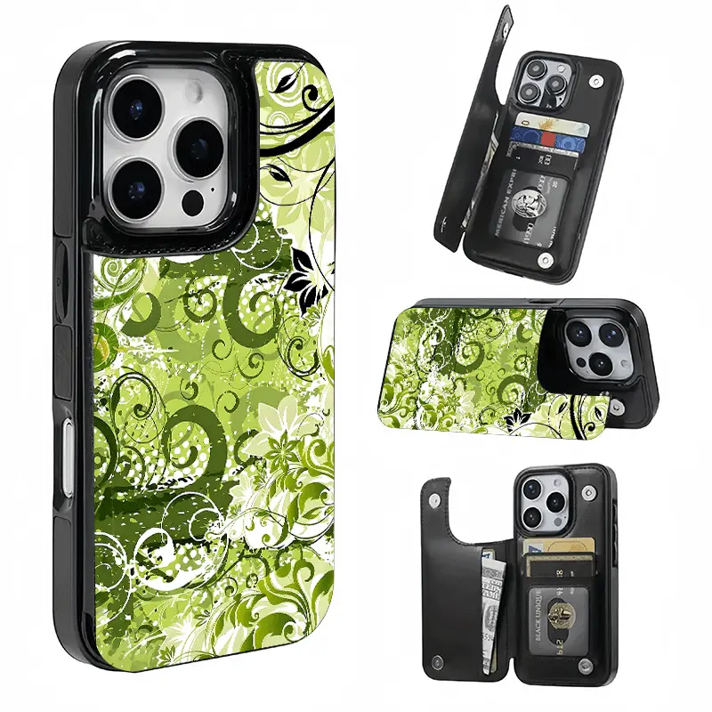 Fresh Green Vine Floral Card Holder, This phone case features a card slot function, can store bank cards, transit cards and other cards, suitable for iPhone 17/16/15/14/13/12, and makes a great gift for girls.