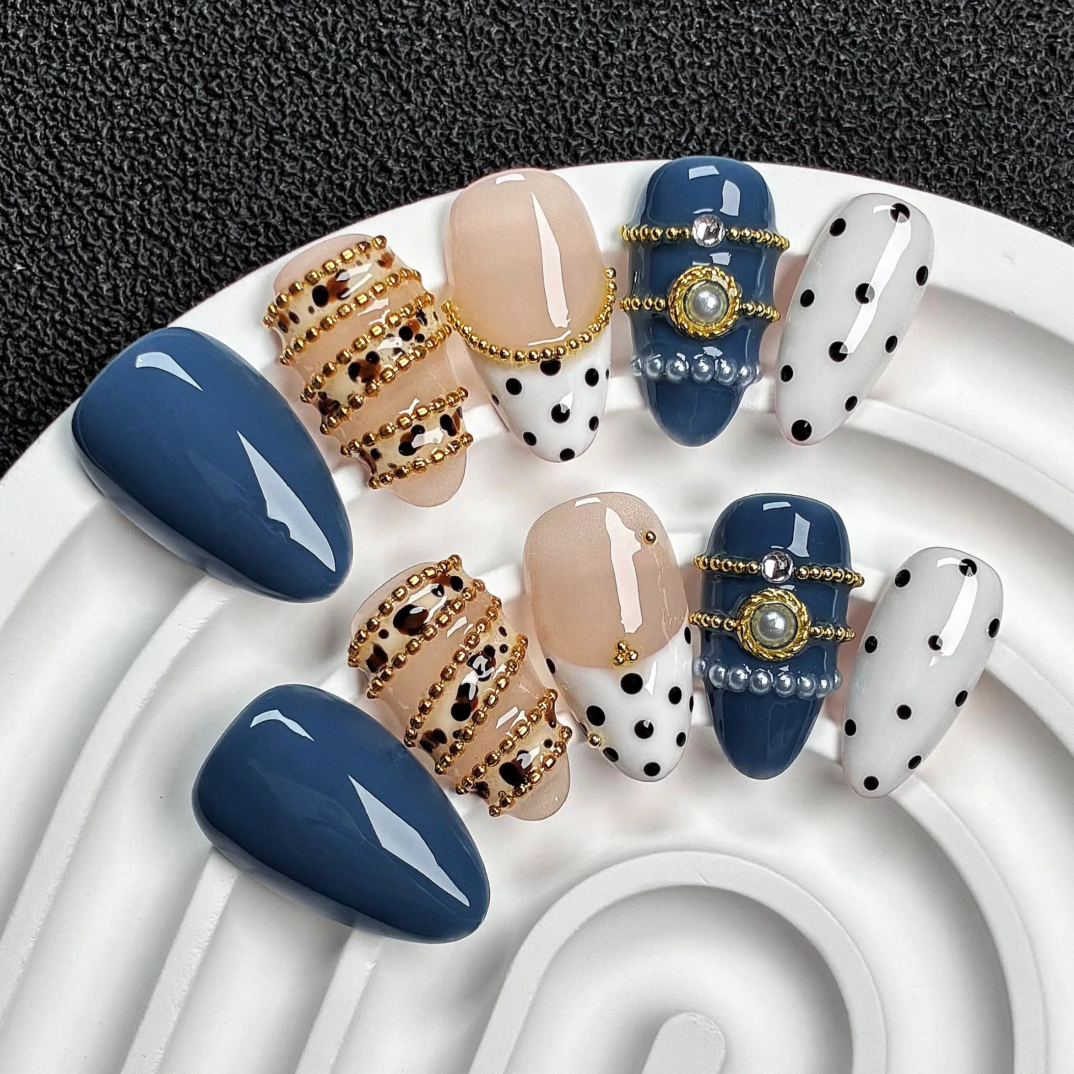 Navy Pearl Leopard Press On Nails | Short Almond, 10pcs Handmade glossy nails with chic designs including solid navy blue, leopard print, black polka dots, gold chain trim & vintage pearl rhinestone decor, elegant reusable fake nails for daily party wear