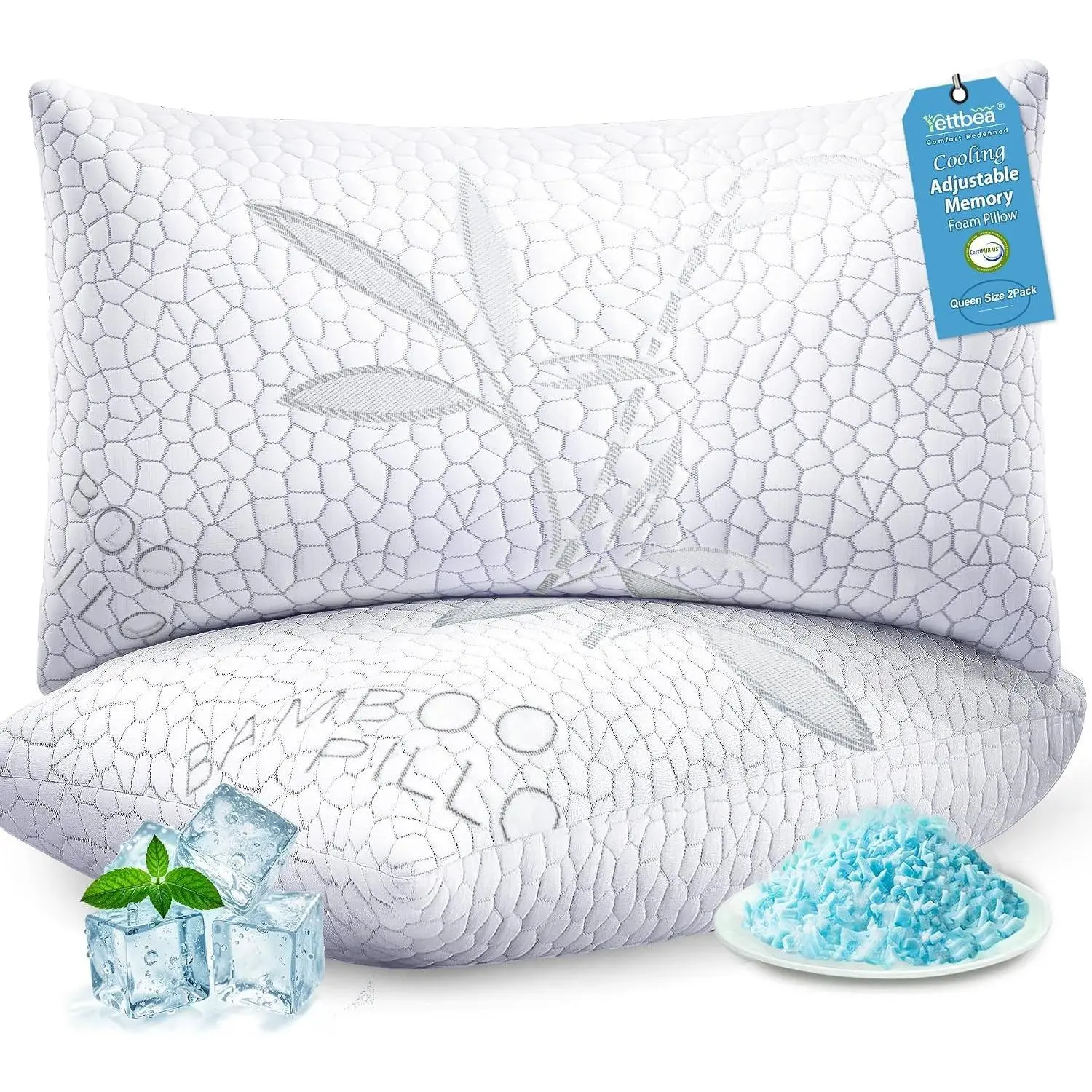 Bamboo Cooling Shredded Memory Foam Bed Pillows Queen Size Set of 2 | Plush Firm Support, Neck Pain Relief, Hypoallergenic, Washable Oeko-tex Cover, CertiPUR-US Foam, Adjustable for All Sleepers