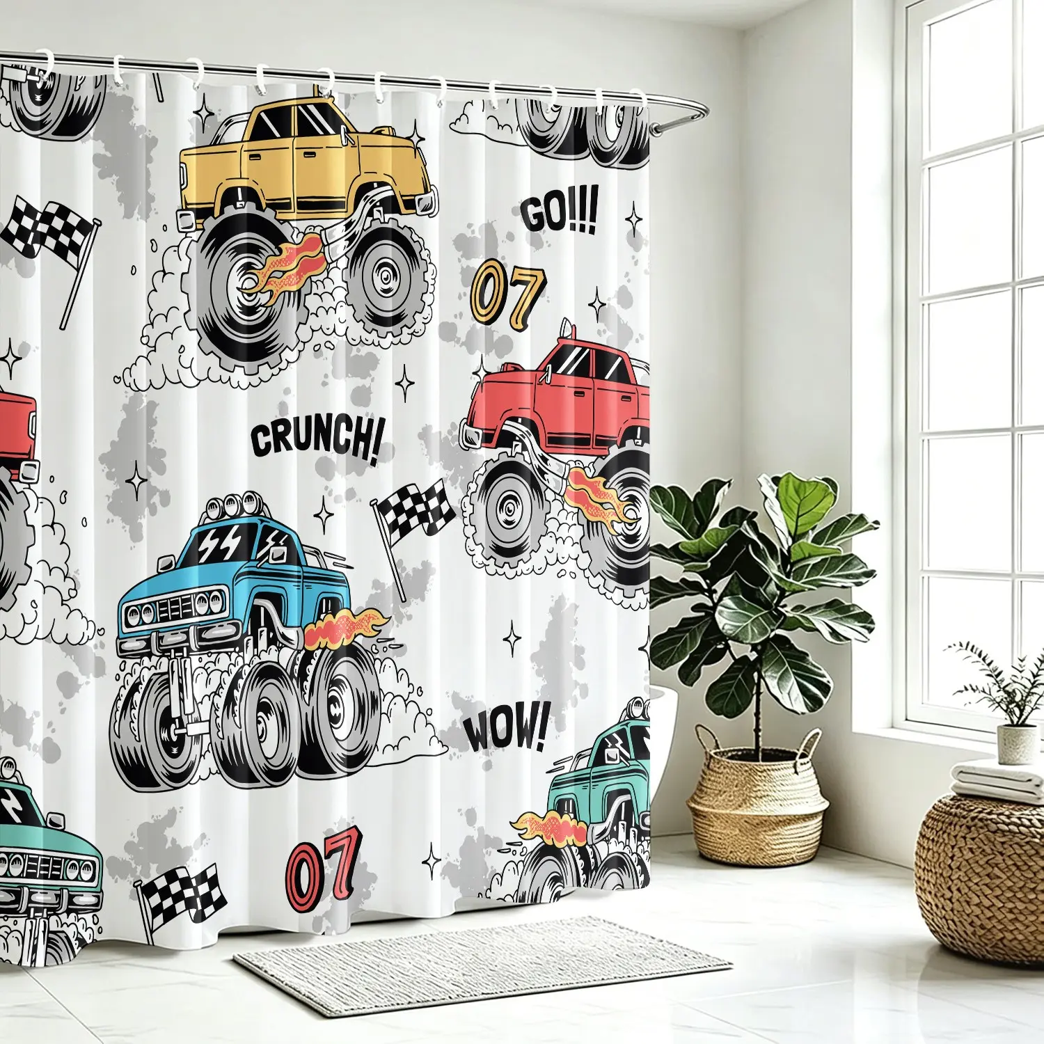 Cool Monster Racing Truck Shower Curtain Set, Funky Shower Curtain, Waterproof Fabric Bath Curtain 72"x72" with 12 Hooks, Cartoon Race Car Checkered Flag Pattern, Fun Home Decor for Kids Boys Bathroom Accessories