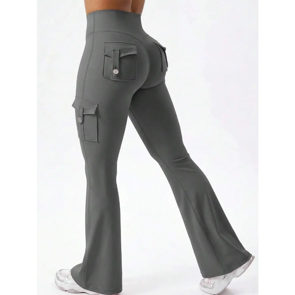 Women's High-Waist Scrunch Butt Lifting Workout Flare Pants - Cargo Pockets, Tummy Control, Leopard Print, V-Back, Standard Sizes - Gym Yoga Bootcut Bottoms