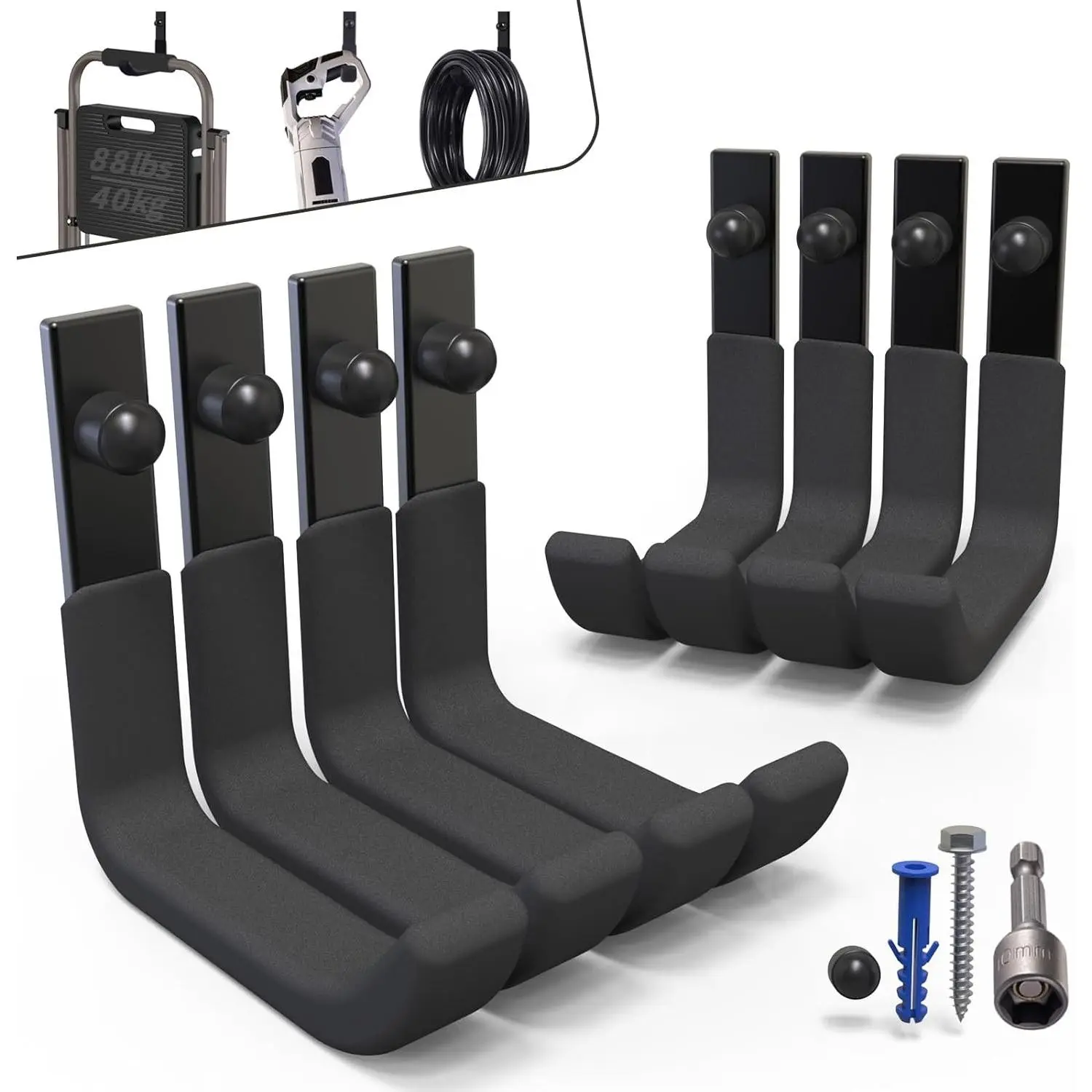 8 Pack Heavy Duty Garage Storage Hooks - Steel Wall Mount Ladder Hangers for Hanging Shed Tools, Ropes, Garden Hoses, Shovels, Bulk Items (88lbs Capacity, 4 Inch)