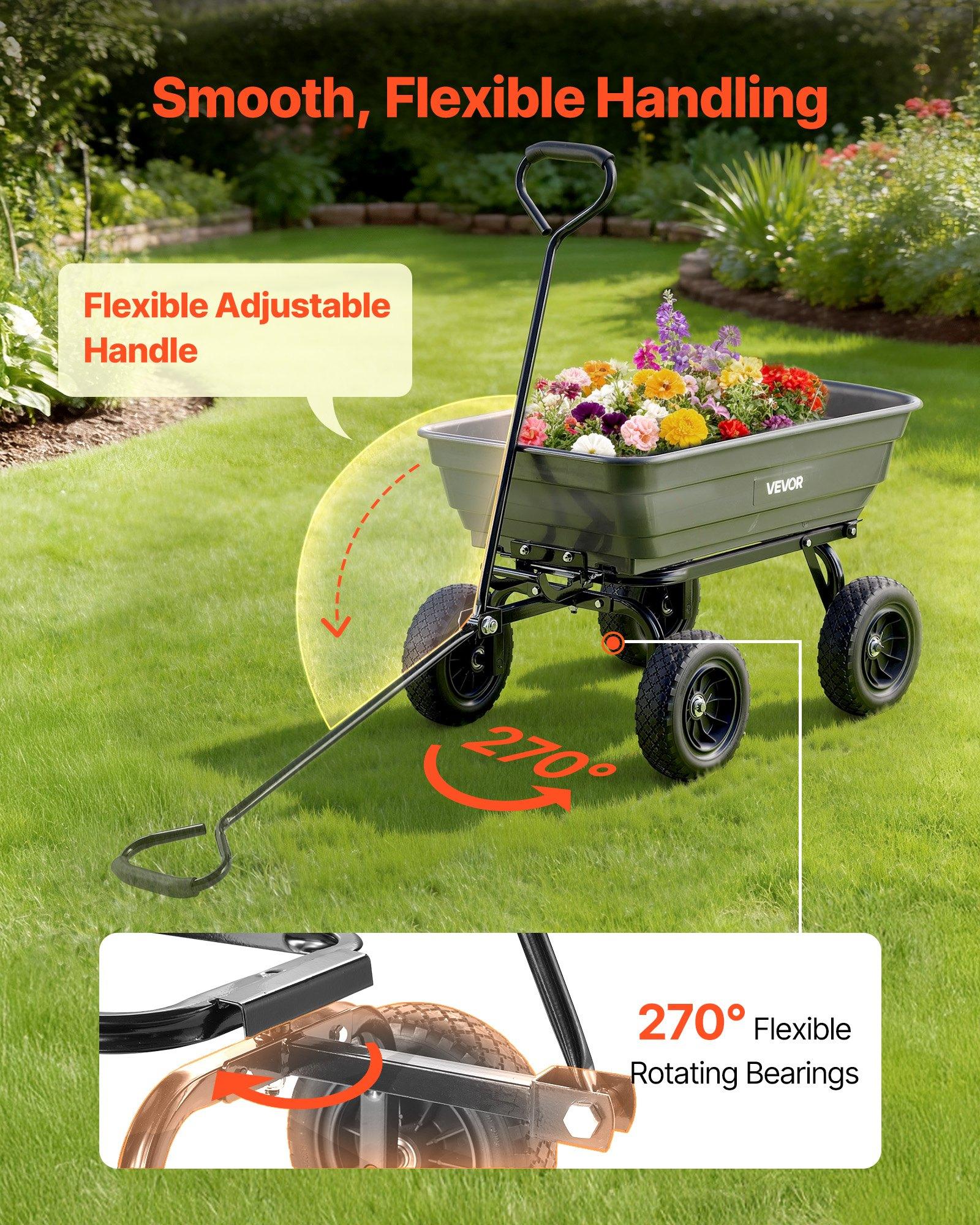 VEVOR Garden Dump Cart, 600 lbs Poly Dump Cart, Garden Carts Dumps Wagon with 90 °   Quick-Dumps Mechanism, 180 °   Swivel Wheels, 270 °   Flexible Rotating Bearings, Yard Wagon for Plants, Soil, Crops