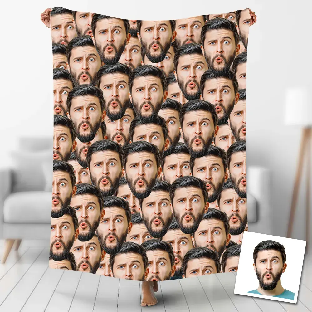 Personalized Beard Face Collage Flannel Throw Blanket - Custom Photo, Personalized Picture, Wrinkle Resistant, All-Over Portrait Print, Heartfelt Gift for Partners, Blankets for Bed, Ideal for Afternoon Naps & All Seasons, Custom Photo Blanket, Personaliz